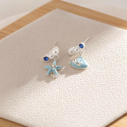 Starfish Shell Mismatched Drop Earrings for Women Blue Ocean Theme Dangle Earrings with Pearl Crystal Accents