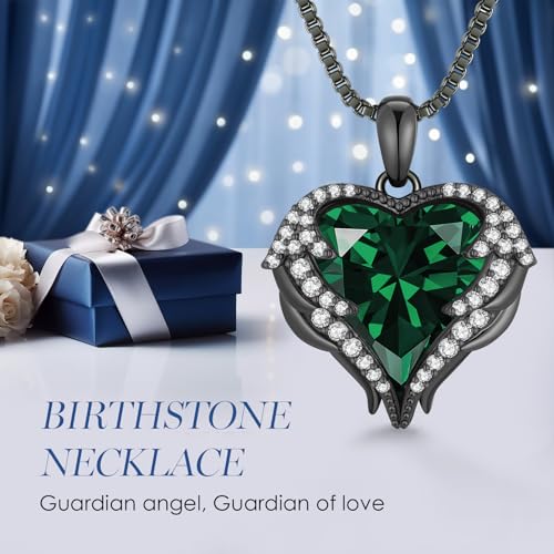 CDE Angel Wings Heart Birthstone Pendant Necklace Gift for Women | Silver/Gold Tone,Ideal Birthday & Anniversary Jewelry Gift for Wife,Girlfriend,Her - color: Black-05-Emerald Green Birthstone