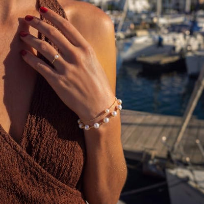 MEVECCO Dainty Chain Bracelets for Women, Layered and Charm Styles | 14K Gold Plated Brass, Select Cubic Zirconia Accents, Single and Multi-Row Structures for Refined Everyday Wristwear - style: Pearl Station