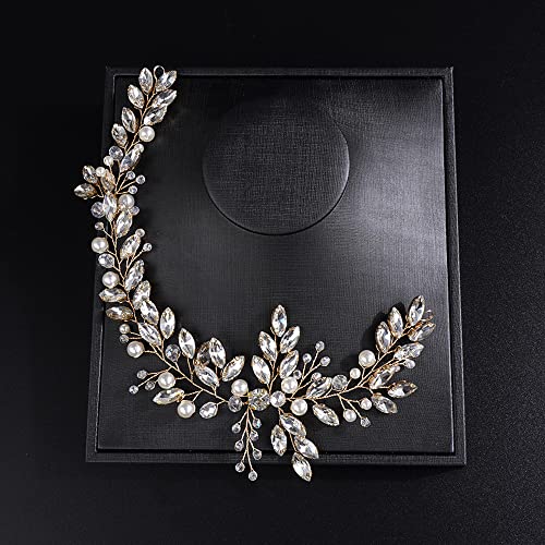 JWICOS Crystal Wedding Headband for Brides Pearl Wedding Hair Accessories Bridal Hair Piece Hair Vine for Women and Girls (Gold) - color: Gold