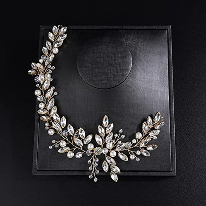 JWICOS Crystal Wedding Headband for Brides Pearl Wedding Hair Accessories Bridal Hair Piece Hair Vine for Women and Girls (Gold) - color: Gold