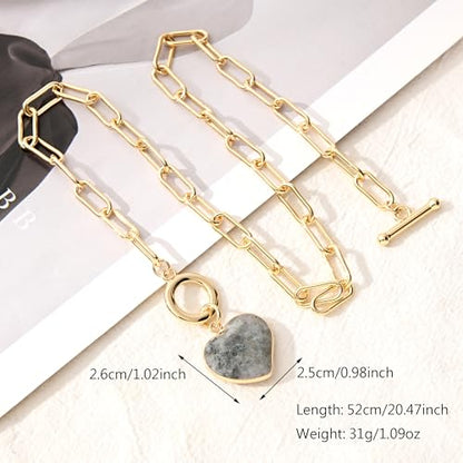 14K Gold Plated Two Sides Carved Stone Heart Shape Necklace for Women Love Pendant Necklace Jewelry for Daily and Gifts - color: Labradorite