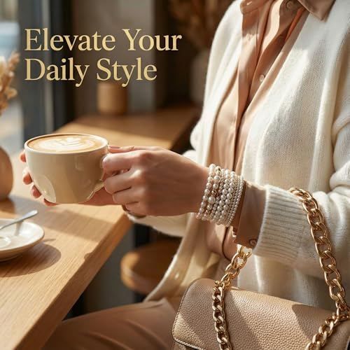 8pcs Faux Pearl Bracelets for Women, Stackable Stretchy Bridal Jewelry Set, Elastic Layered Bracelets for Wedding Bridesmaid Party Prom Christmas - color: golden