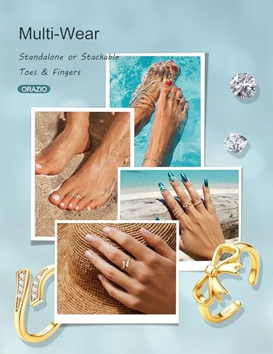 ORAZIO Gold Toe Rings for Women Non Tarnish 14K Gold Filled Toe Ring Adjustable Hug CZ Triple Open Band Rings Summer Beach Foot Jewelry for Women 4Pcs - style: Bow