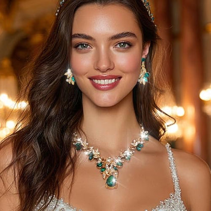 Rhinestone Bridal Wedding Jewelry Sets Gold Necklace Earrings Set Leaf Prom Formal Costume Jewelry Set for Women and Brides - color: Green