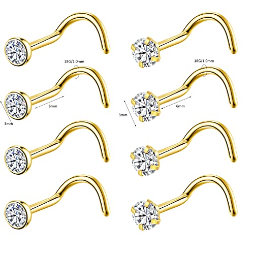 8PCS G23 Titanium Twist Screw Nose Studs 18G 20G Nose Rings 2mm 2.5mm 3mm Clear Pink Purple Aurora CZ Gold Nose Piercing Studs Nostril for Women Men - style: 18g gold clear cz 3mm