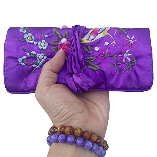 Travel Jewelry Roll Bag - Silk Embroidered Brocade Pouch for Rings, Necklaces, Earrings, Bracelets | Lightweight & Tie Closure (Dark Purple) - color: Dark Purple