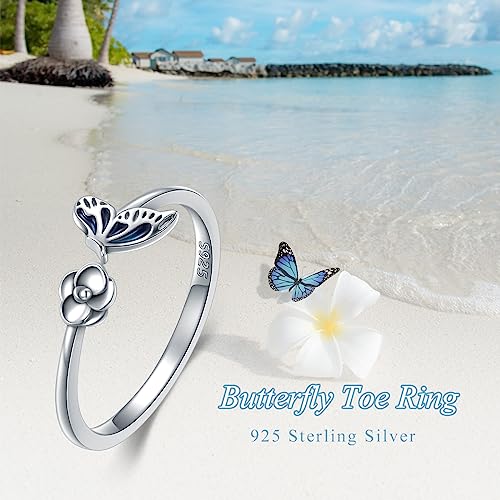 Dragonfly Toe Ring for Women 925 Sterling Silver Dragonfly/Butterfly/Cat/Paw Toe Rings Adjustable Open Ring for Women Christmas Jewelry Gift - color: Butterfly