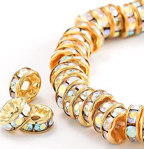 200Pcs 10mm Rondelle Spacer Beads Gold Plated AB Color Crystal Rhinestone for Jewelry Making Loose Beads for Bracelets - color: AB Color-gold, size: 10mm