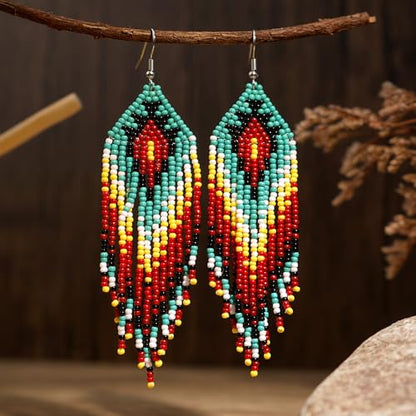 Bohemian Tassel Colorful Beaded Earrings For Women Trendy, Long Fringe Feather Drop Jewelry Handmade Gifts. - color: color10