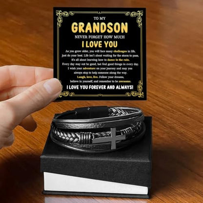 To My GrandSon Bracelet – Cross Braided Leather Bracelet, Meaningful GrandSon Gift from Grandpa & Grandma with Heartfelt Message Card & Elegant Gift Box for Birthday, Christmas, Graduation - color: Version#3