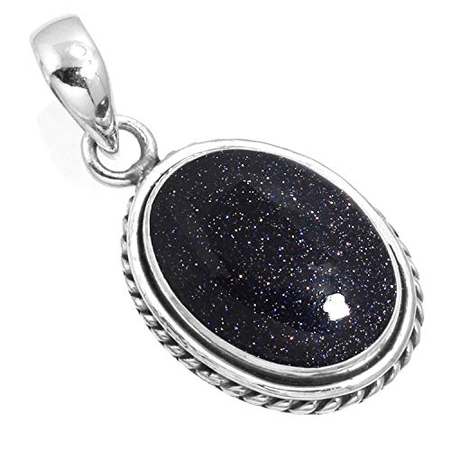 Chunky Natural Gemstone Pendant Necklace For Women Onyx, Turquoise, Amber, Garnet Oval Boho Genuine 925 Sterling Silver Handmade Jewelry - color: Blue Sunstone