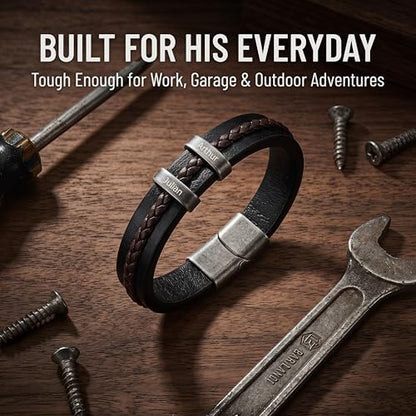 Personalized Bracelet for Men, Engraved Name Bead Braided Leather Bracelet for Dad Husband Grandpa Son, Custom Stainless Steel Men's Bracelet - color: 2 names