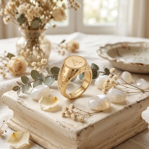 10K/14K/18K Solid Gold Initial Signet Ring for Women, Personalized Custom Letter Ring, Engravable Inner Band, Jewelry Gift for Wife Mom Daughter Girlfriend