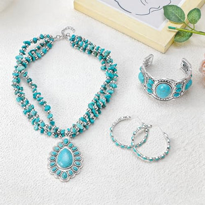 NEWITIN 4 Pieces Silver Bohemian Jewelry Set for Women Fashion Costume Jewels Turquoise Necklace Bracelet Earrings Western Turquoise Jewelry Set for Women - color: Turquoise B