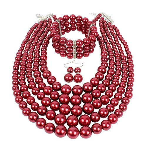 KOSMOS-LI Large Multi Layer Faux Pearl Strand Costume Jewelry Sets For Women Stocking Stuffers - color: Burgundy