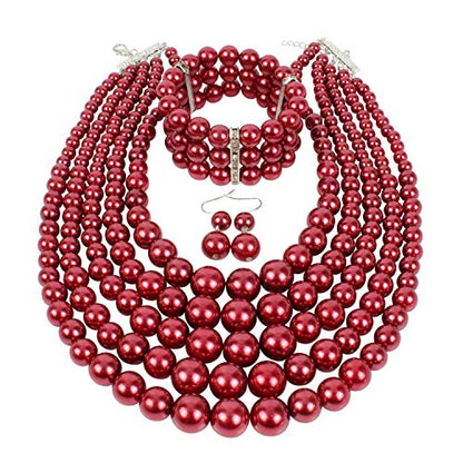 KOSMOS-LI Large Multi Layer Faux Pearl Strand Costume Jewelry Sets For Women Stocking Stuffers - color: Burgundy
