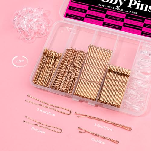 Teenitor 300pcs Bobby Pins Rose Gold Hair, 100 Bobby Pins 100 Hair Pins for Women 100 Hair Bands Kit, Hair Pins for Buns 2" 2.36" 2.75" Rose Gold - color: Rose Gold