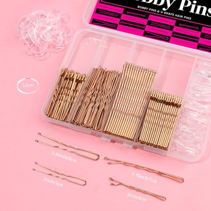 Teenitor 300pcs Bobby Pins Rose Gold Hair, 100 Bobby Pins 100 Hair Pins for Women 100 Hair Bands Kit, Hair Pins for Buns 2" 2.36" 2.75" Rose Gold - color: Rose Gold