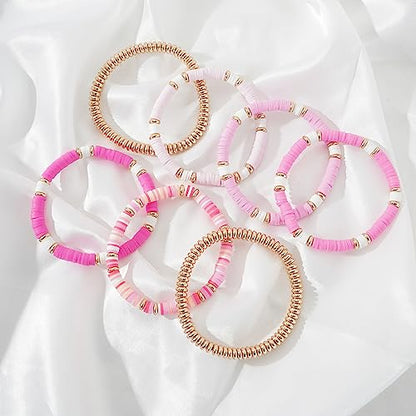 Summer Surfer Heishi Bracelet Set for Women Stackable Gold Plated Clay Ploymer Bead Stretch Pink Beach Layering Bracelets Jewelry - color: A-pink&gold set