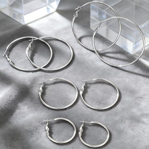 4 Pairs Silver Hoop Earrings for Women 30/40/50/60mm | Hypoallergenic, Stainless Steel, Big Thin Lightweight, Dangle Set - color: 4 Pairs Silver-30/40/50/60mm