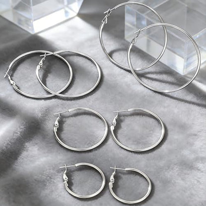 4 Pairs Silver Hoop Earrings for Women 30/40/50/60mm | Hypoallergenic, Stainless Steel, Big Thin Lightweight, Dangle Set - color: 4 Pairs Silver-30/40/50/60mm