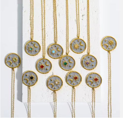 Gold Sun Moon and Stars Pendant Necklace with Birthstone Crystals as Center of Sun, Two-Tone Stainless Steel, Celestial Theme, Astrology Gift for Women, 16-20 Inch Adjustable Cable Chain - color: October Pink Tourmaline