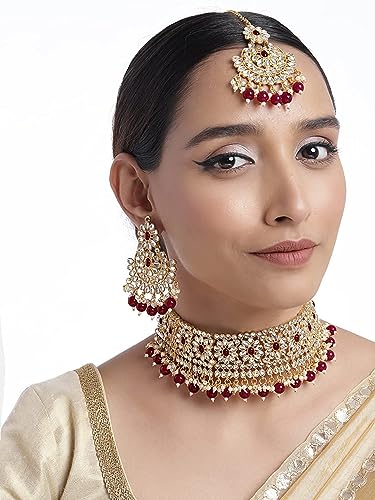 Aheli Faux Pearl Choker Necklace with Earrings Indian Traditional Bollywood Jewelry Set Gift for Women - color: Maroon