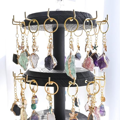 MOOCA 3-Tier Rotating Bracelet Display Stand with 42 Hooks, Jewelry Holder | 3-tier rotating wooden display with 42 hooks keeps bracelets, bangles, watches, and accessories organized and visible. - color: Black, Round Shape