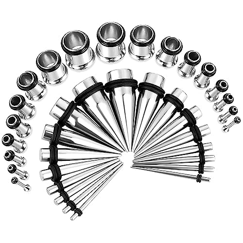 BodyJ4You 36PC Ear Stretching Kit - Complete Beginner Set 14G-00G | Gauges for Ears Stainless Steel Tapers Single Flare Plugs Tunnels - Dead Stretching Lobe Men Women Expander - color: Silvertone, Single Flare