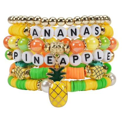 Twinfree Bohemian Cute Fruit Banana Cherry Strawberry Pineapple Mango Polymer Clay Beaded Stackable Stretch Bracelets - color: Color 1