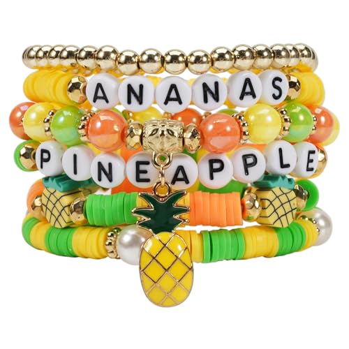Twinfree Bohemian Cute Fruit Banana Cherry Strawberry Pineapple Mango Polymer Clay Beaded Stackable Stretch Bracelets - color: Color 1