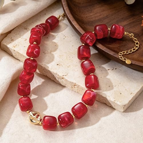 Beaded Necklaces for Women Boho Chunky Necklace Statement Big Resin Bead Choker Fashion Summer Beach Jewelry - color: Red