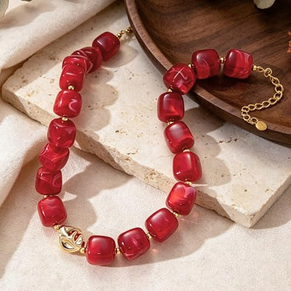 Beaded Necklaces for Women Boho Chunky Necklace Statement Big Resin Bead Choker Fashion Summer Beach Jewelry - color: Red