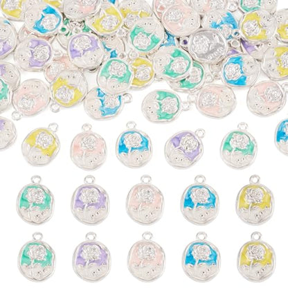 50Pcs Alloy Enamel Rose Flower Charms Platinum Plated Rose Charms for Jewelry Making, 16.5x12mm Drop Oil Floral Pendant for DIY Necklace Earring Bracelet Craft Supplies - color: Platinum, Oval Flower