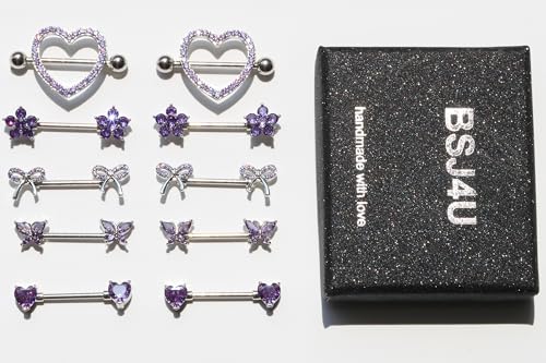 BSJ4U Nipple Piercing Jewelry 14G Stainless Steel Nipple Rings for Women Heart Butterfly Flower Bow Nipple Barbells - color: Purple CZ Nipple Piercing Jewelry