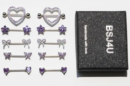 BSJ4U Nipple Piercing Jewelry 14G Stainless Steel Nipple Rings for Women Heart Butterfly Flower Bow Nipple Barbells - color: Purple CZ Nipple Piercing Jewelry
