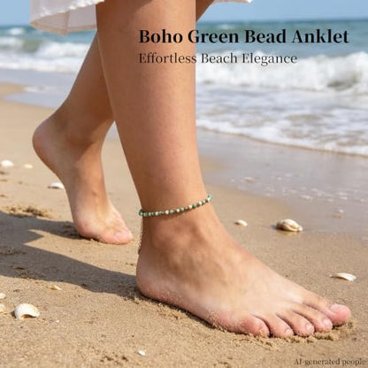 Black Green Beaded Anklets For Women Waterproof Stainless Steel Jewelry | Gold Plated Boho Adjustable Crystal Ankle Bracelets For Summer Beach Women Gifts