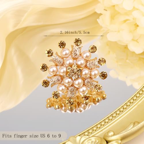 Elegant Big Crystal Ring for Women Gold Stacking Pearl Rhinestone Flower Rings Open Finger Adjustable Crystal Statement Ring Jewelry for Bridal Wedding - color: Crystal 1-gold