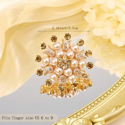 Elegant Big Crystal Ring for Women Gold Stacking Pearl Rhinestone Flower Rings Open Finger Adjustable Crystal Statement Ring Jewelry for Bridal Wedding - color: Crystal 1-gold