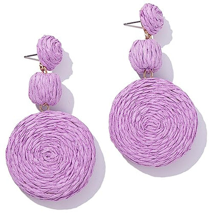Statement Raffia Boho Round Dangle Ball Earrings - Cute Handmade Summer Bohemian Dangling Jewelry for Women - color: Purple