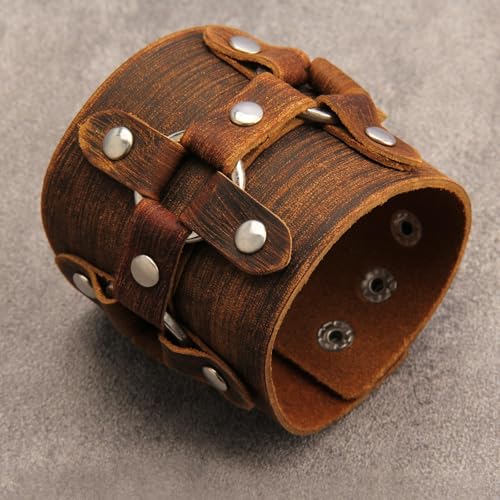 JAOYU Punk Leather Cuff Bracelet Goth Leather Wristband Rock Bracelet Biker Bracelet for Men Leather Armband Black Handmade Jewelry - color: Leather Cuff Bracelet Brown