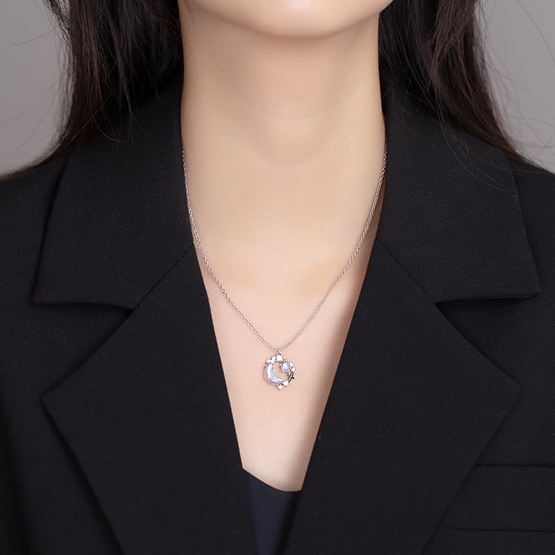 Silver Moon and Star Necklace for Women,Dainty CZ Crescent Pendant, Jewelry Gift for Birthday, Anniversary, Mother’s Day