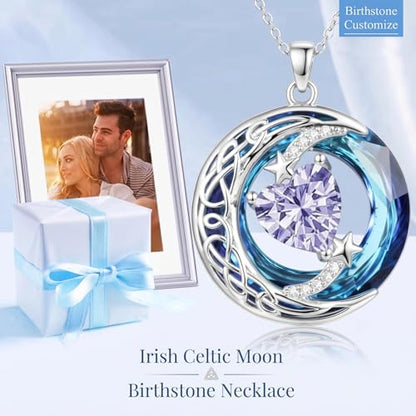Birthstone Necklace for Women Crystal Moon and Star Pendant White Gold Celtic Moon Jewelry Birthday Graduation Gifts for Wife Her - style: Moon-6