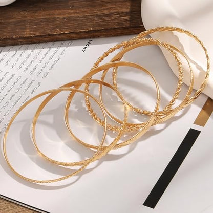 IFKM Gold Chain Bracelets Set for Women, 14K Gold Plated Multiple Layered Stackable Open Cuff Bangle Bracelet Anklet Bracelets Adjustable Link Tennis Beads Italian Cuban Jewelry for Women Gift - style: 6PCS Stack