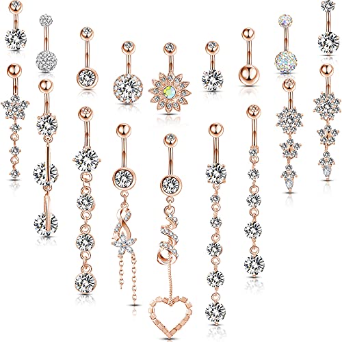 Yaomiao 18 Pcs 14G Stainless Steel Belly Button Ring Rhinestone Heart Dangle Belly Button Rings for Women - color: Rose Gold, Elegant Style