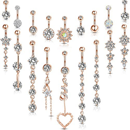 Yaomiao 18 Pcs 14G Stainless Steel Belly Button Ring Rhinestone Heart Dangle Belly Button Rings for Women - color: Rose Gold, Elegant Style