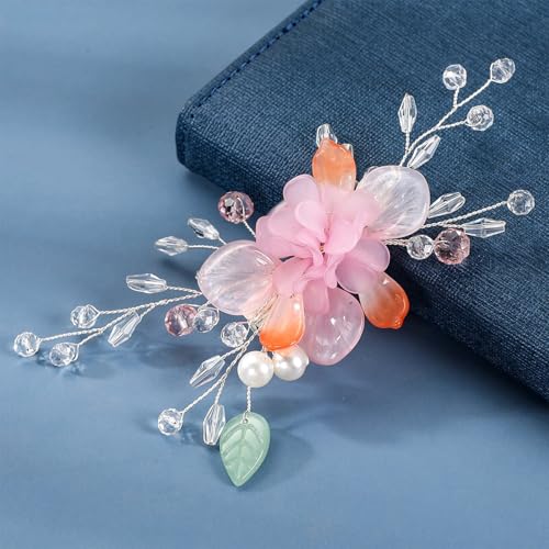 Wedding Hair Clips, Crystal Hair Pins Pearl Rhinestone Hair Barrettes, Bridal Flower Hair Pieces Pearl Headpieces Hair Accessories for Women Girls (White&Pink) - color: White&Pink