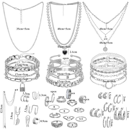 Gold/Silver Jewelry Set for Women Layered Bracelets Ball Dangle Hoop Earrings Stackable Knuckle Rings Set Dainty Adjustable Necklaces Valentine Anniversary Trendy Party Costume Accessories Jewelry - style: Moden