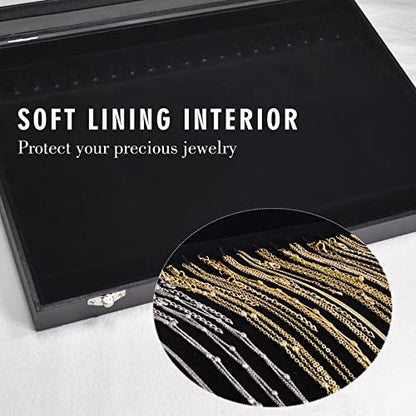 Siveit Premium Necklace Organizer Box - 20 Hooks Jewelry Tray with Transparent Lid - Display Box for Necklaces, Pendants - Suitable for Women and Girls (Black) - color: Black